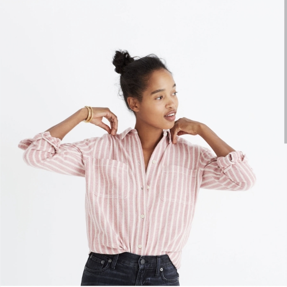 Madewell flannel ex-boyfriend pink Striped Button-Up Shirt